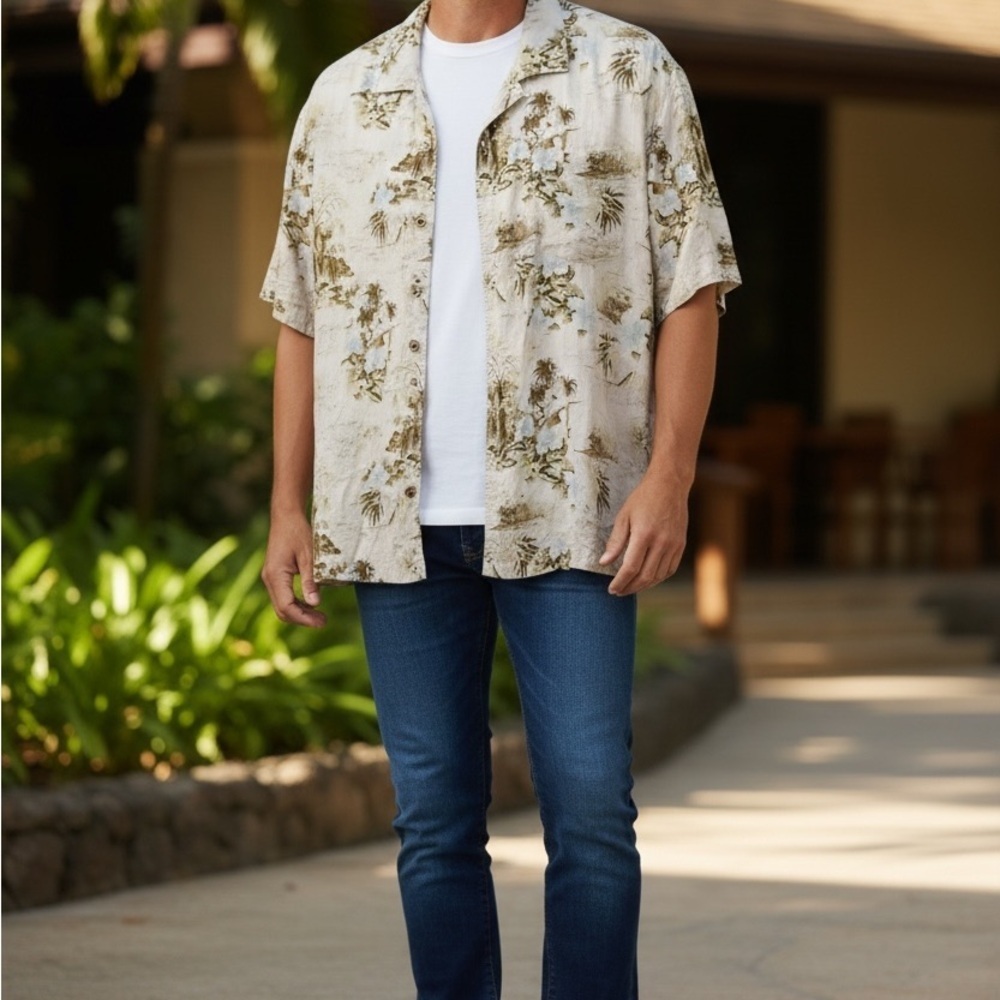 Tommy Bahama Beige and Green Casual Button Down Shirt